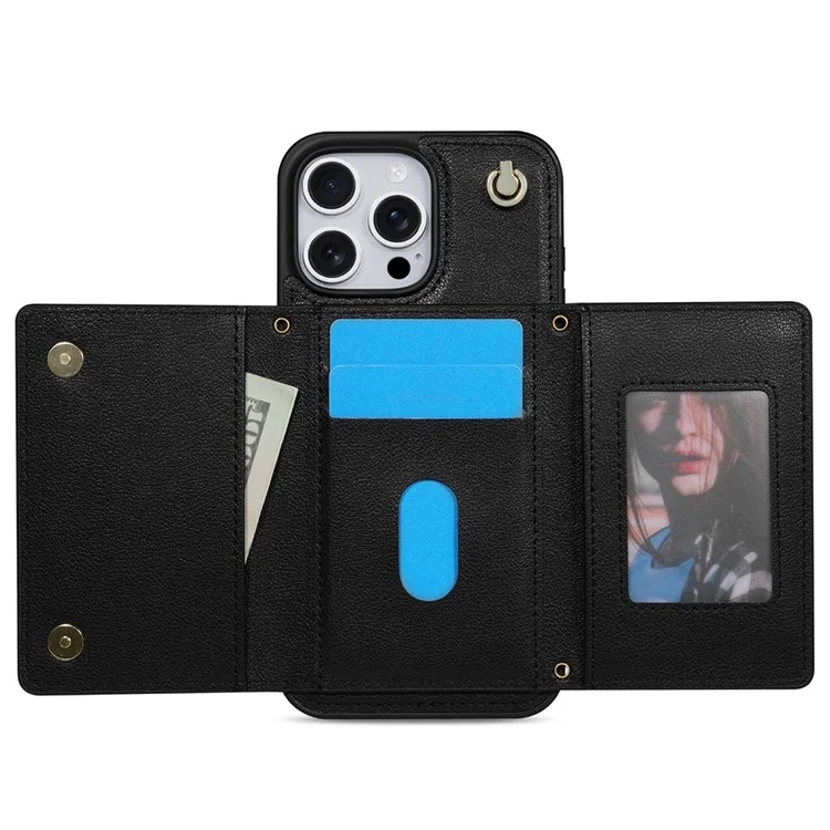 Custodia per iPhone 16 Pro Max BKS-003 con portacarte pieghevole a tre ante, supporto, cover posteriore in TPU+pelle e cinturino da spalla - Nero