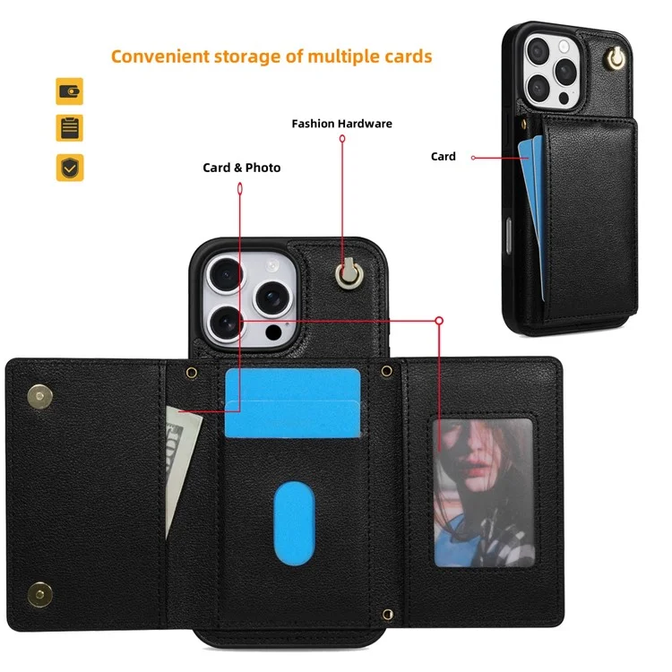 Custodia per iPhone 16 Pro Max BKS-003 con portacarte pieghevole a tre ante, supporto, cover posteriore in TPU+pelle e cinturino da spalla - Nero