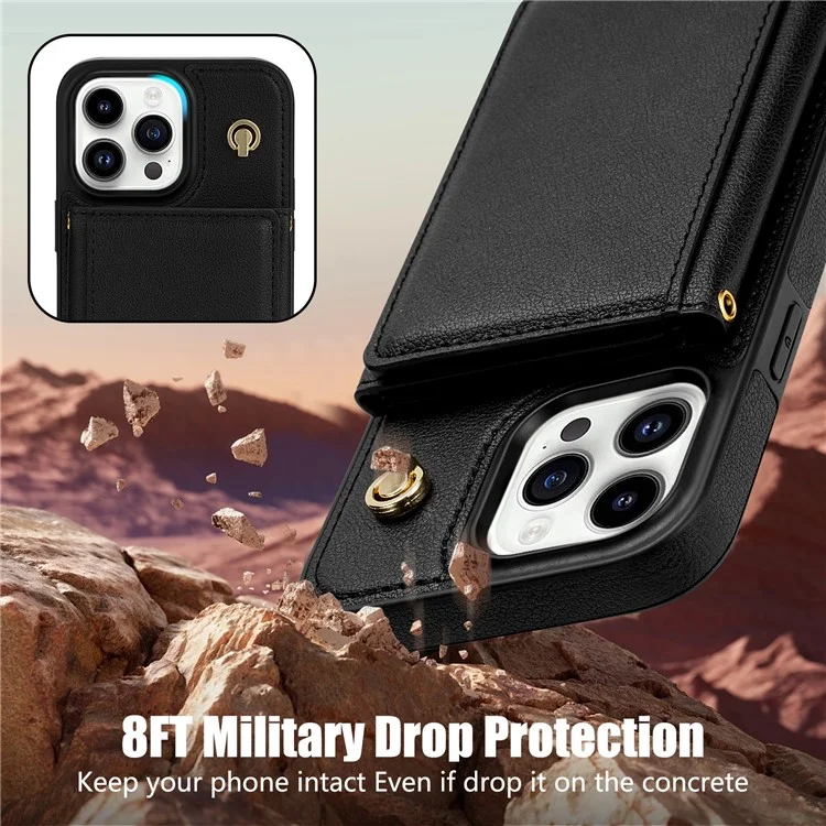 Custodia per iPhone 16 Pro Max BKS-003 con portacarte pieghevole a tre ante, supporto, cover posteriore in TPU+pelle e cinturino da spalla - Nero