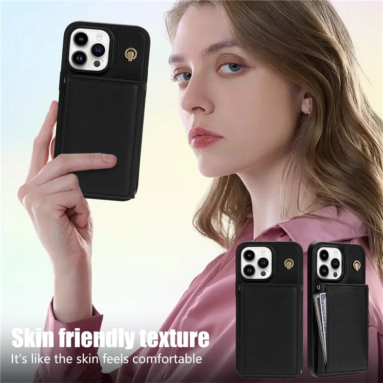Custodia per iPhone 16 Pro Max BKS-003 con portacarte pieghevole a tre ante, supporto, cover posteriore in TPU+pelle e cinturino da spalla - Nero