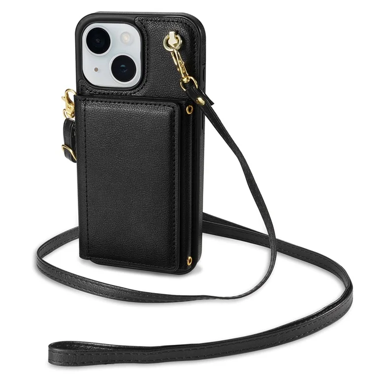 Étui pour iPhone 15 BKS-003 avec porte-cartes à trois volets, support et dos en TPU+cuir avec bandoulière - Noir