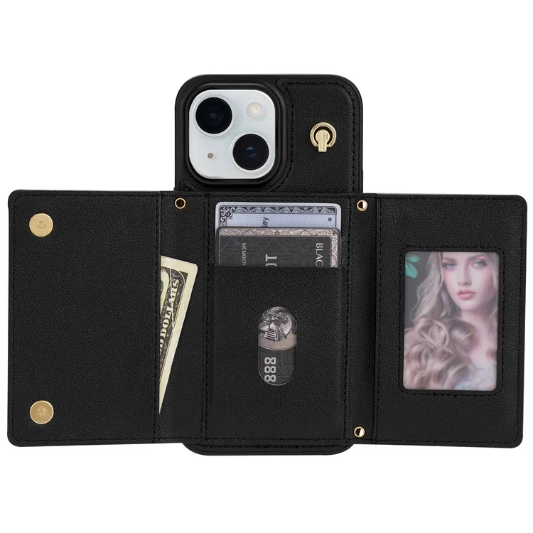 Étui pour iPhone 15 BKS-003 avec porte-cartes à trois volets, support et dos en TPU+cuir avec bandoulière - Noir