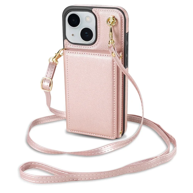 BKS-003 For iPhone 15 Case Tri-Fold Card Holder Kickstand TPU+Leather Back Cover with Shoulder Strap - Pink