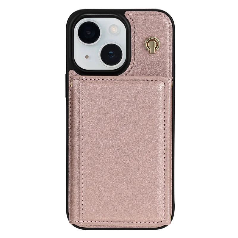 BKS-003 For iPhone 15 Case Tri-Fold Card Holder Kickstand TPU+Leather Back Cover with Shoulder Strap - Pink