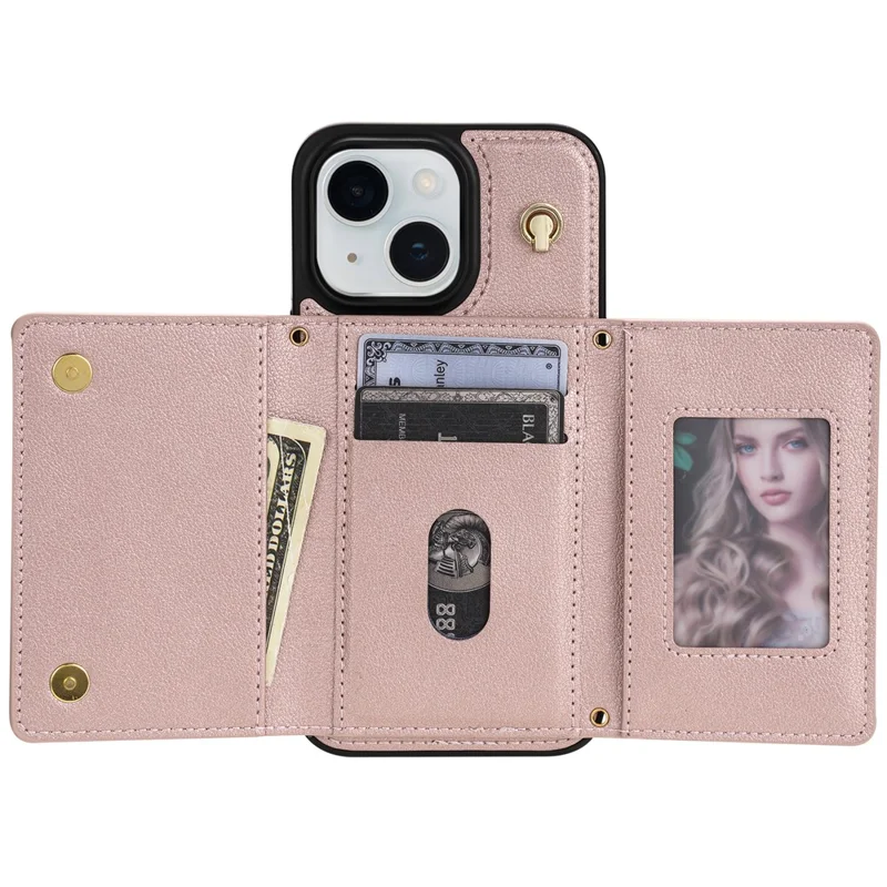 BKS-003 For iPhone 15 Case Tri-Fold Card Holder Kickstand TPU+Leather Back Cover with Shoulder Strap - Pink