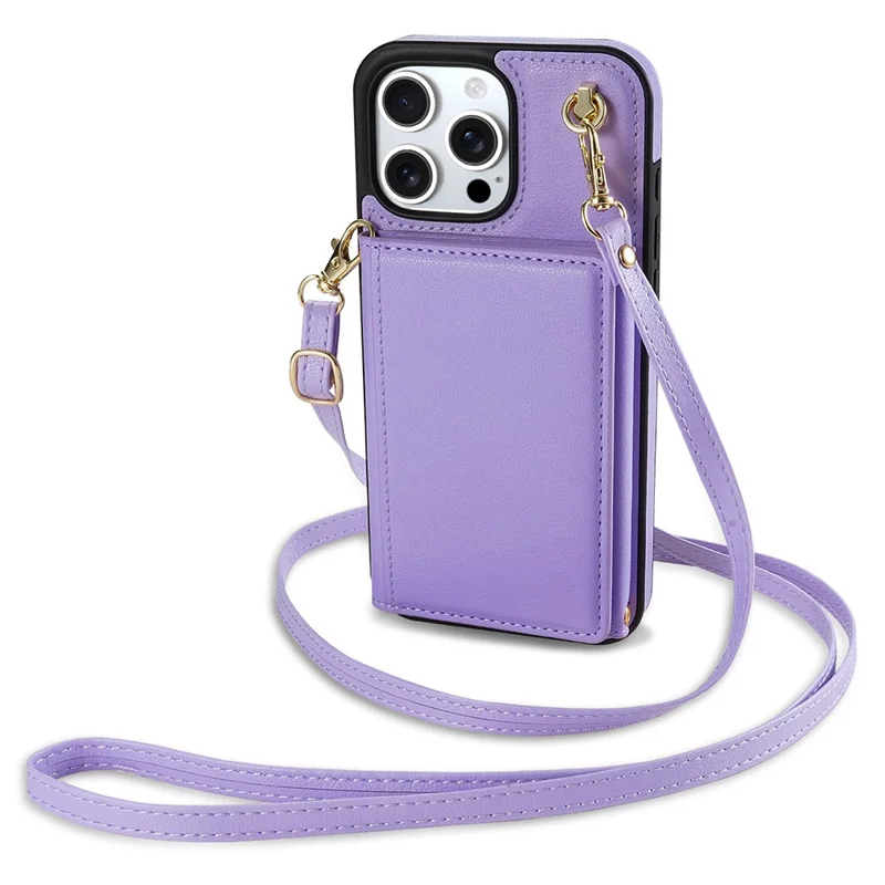 BKS-003 For iPhone 15 Pro Case Tri-Fold Card Holder Kickstand TPU+Leather Back Cover with Shoulder Strap - Purple