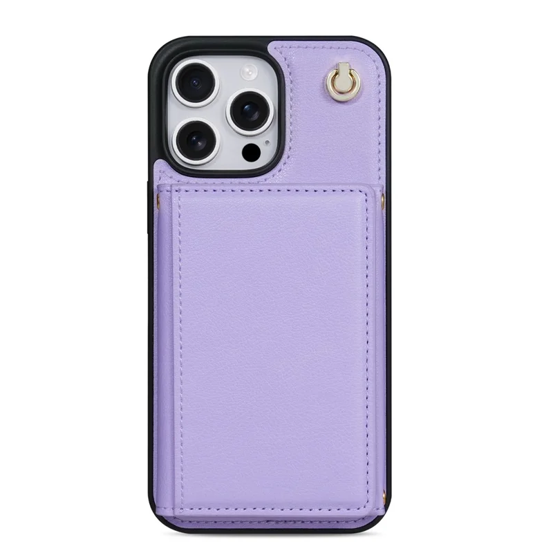 BKS-003 For iPhone 15 Pro Case Tri-Fold Card Holder Kickstand TPU+Leather Back Cover with Shoulder Strap - Purple