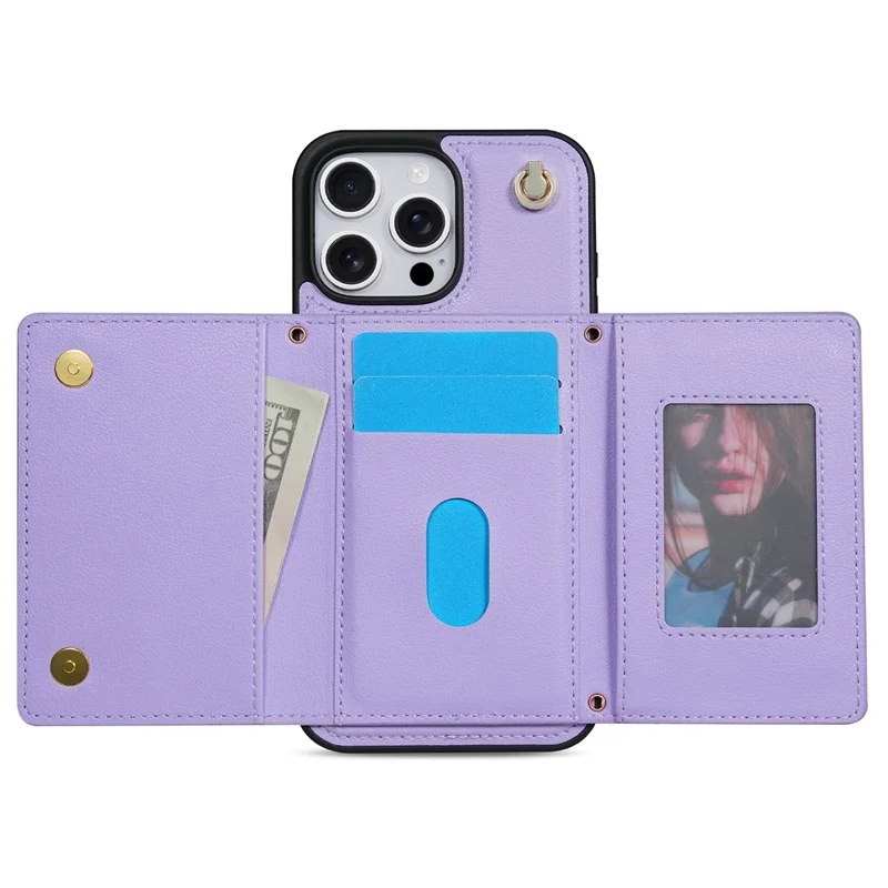 BKS-003 For iPhone 15 Pro Case Tri-Fold Card Holder Kickstand TPU+Leather Back Cover with Shoulder Strap - Purple