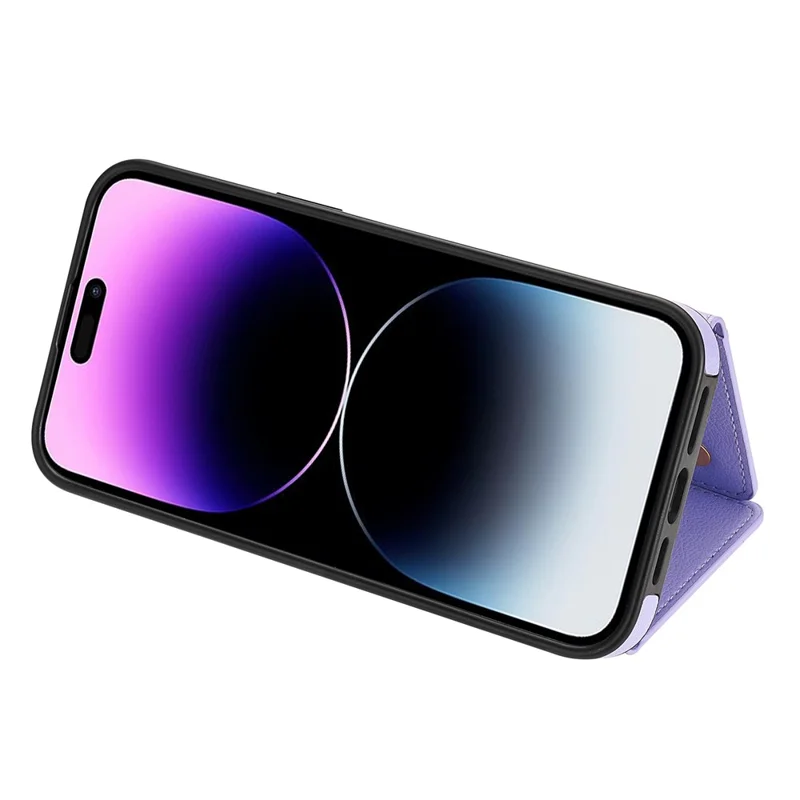 BKS-003 For iPhone 15 Pro Case Tri-Fold Card Holder Kickstand TPU+Leather Back Cover with Shoulder Strap - Purple