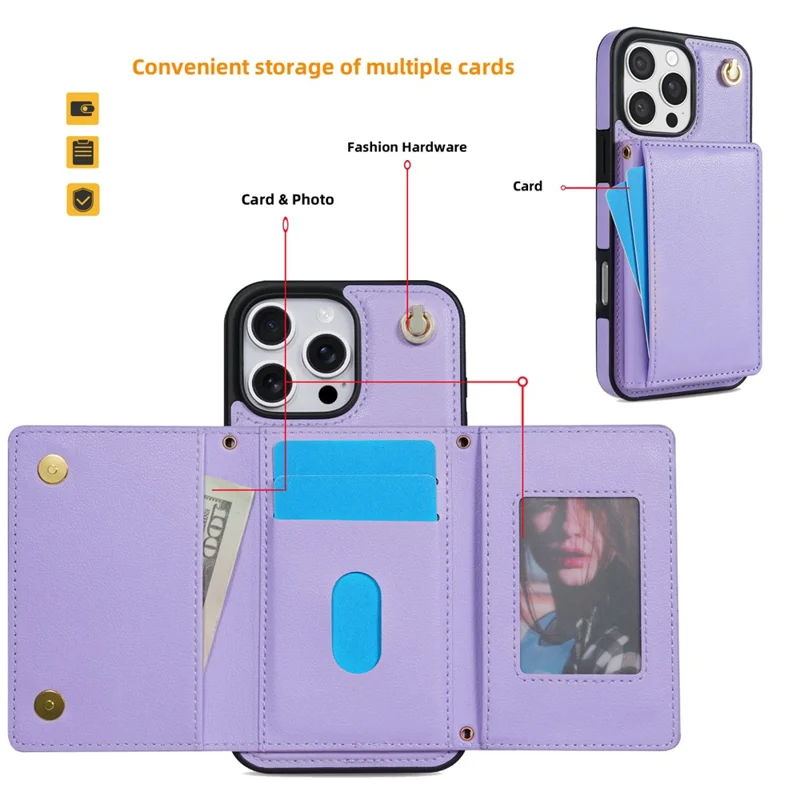 BKS-003 For iPhone 15 Pro Case Tri-Fold Card Holder Kickstand TPU+Leather Back Cover with Shoulder Strap - Purple