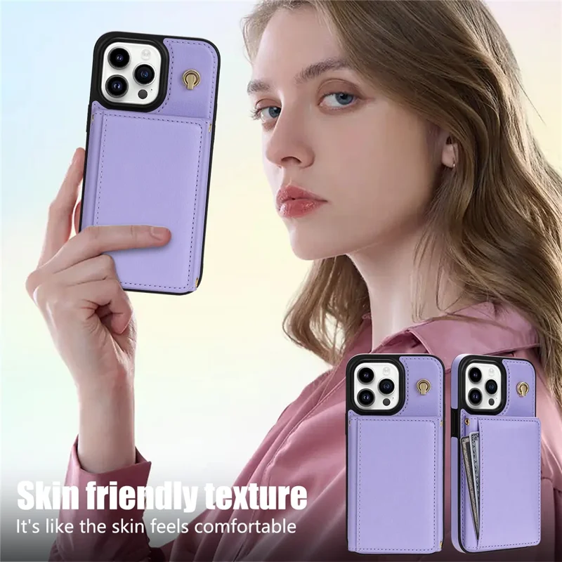 BKS-003 For iPhone 15 Pro Case Tri-Fold Card Holder Kickstand TPU+Leather Back Cover with Shoulder Strap - Purple
