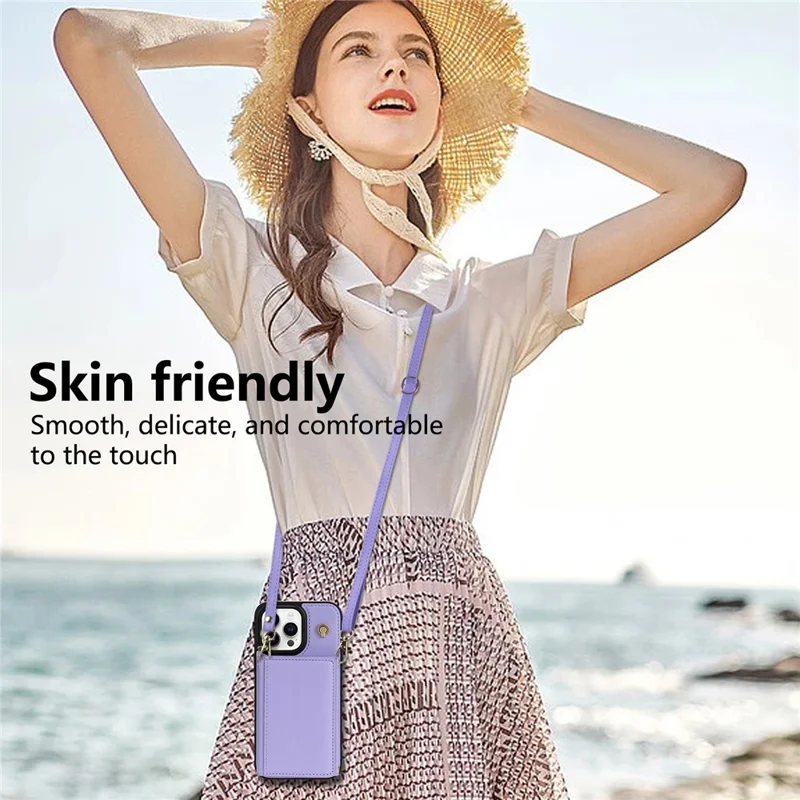 BKS-003 For iPhone 15 Pro Case Tri-Fold Card Holder Kickstand TPU+Leather Back Cover with Shoulder Strap - Purple