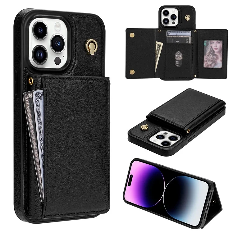 Étui pour iPhone 15 Pro Max BKS-003 avec porte-cartes à trois volets, support intégré, coque arrière en TPU et cuir, avec bandoulière - Noir