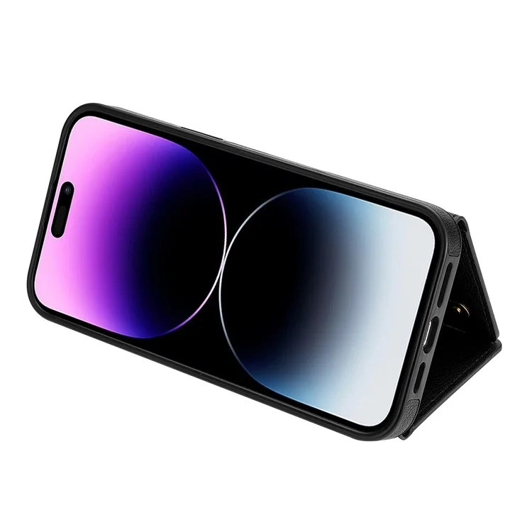 Étui pour iPhone 15 Pro Max BKS-003 avec porte-cartes à trois volets, support intégré, coque arrière en TPU et cuir, avec bandoulière - Noir