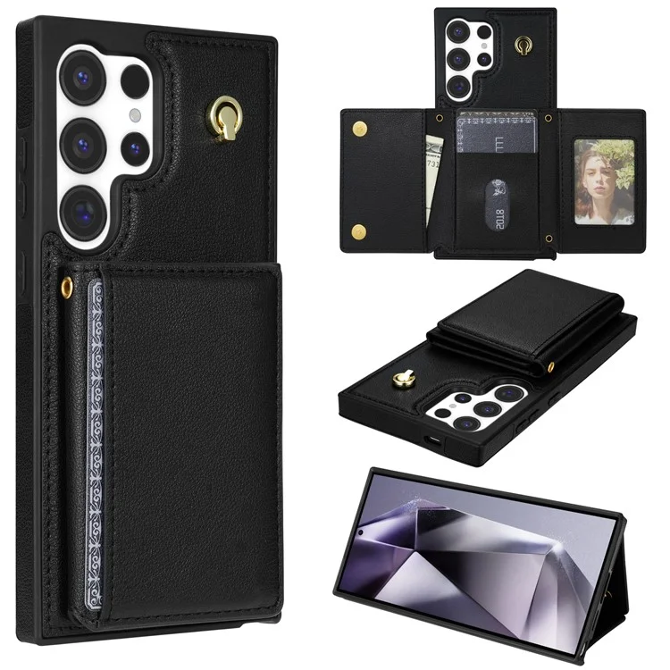 Funda para Samsung Galaxy S24 Ultra BKS-003 con soporte plegable, bolsillo para tarjetas y correa para el hombro - Negro
