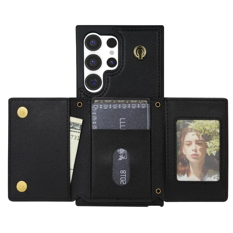 Funda para Samsung Galaxy S24 Ultra BKS-003 con soporte plegable, bolsillo para tarjetas y correa para el hombro - Negro