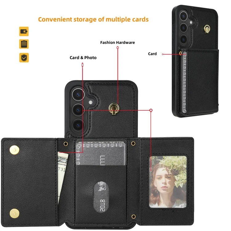 Funda para Samsung Galaxy S24 BKS-003 con soporte, tarjetero y correa para el hombro, de TPU y cuero - Negro