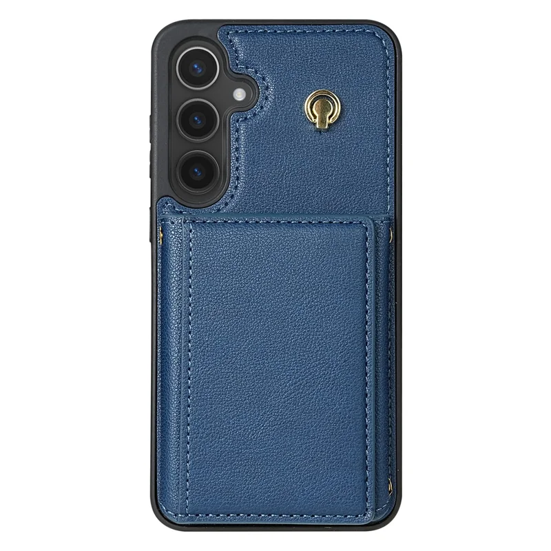 For Samsung Galaxy S24 FE Case Tri-Fold Card Holder Kickstand TPU+Leather Back Cover with Shoulder Strap - Blue