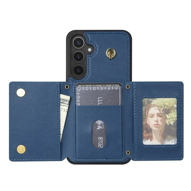 For Samsung Galaxy S24 FE Case Tri-Fold Card Holder Kickstand TPU+Leather Back Cover with Shoulder Strap - Blue