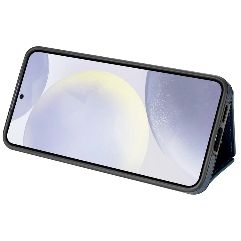 For Samsung Galaxy S24 FE Case Tri-Fold Card Holder Kickstand TPU+Leather Back Cover with Shoulder Strap - Blue