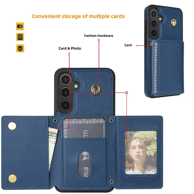 For Samsung Galaxy S24 FE Case Tri-Fold Card Holder Kickstand TPU+Leather Back Cover with Shoulder Strap - Blue