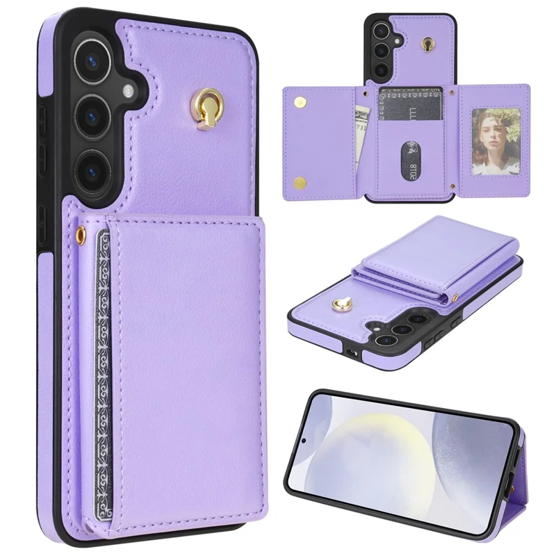 For Samsung Galaxy A15 4G / 5G Case Tri-Fold Card Holder Kickstand TPU+Leather Back Cover with Shoulder Strap - Purple