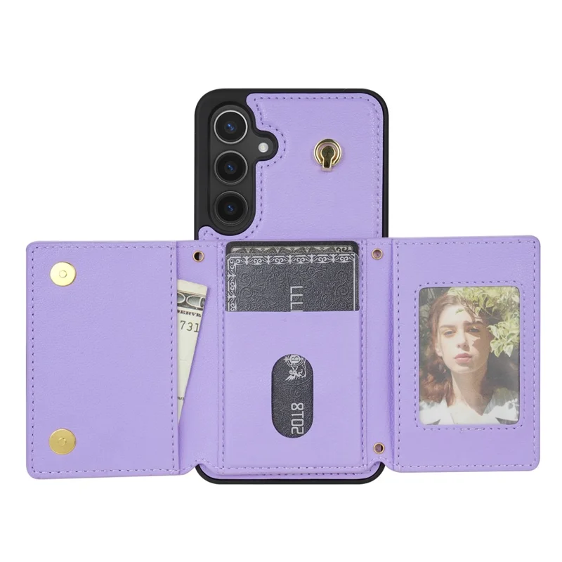 For Samsung Galaxy A15 4G / 5G Case Tri-Fold Card Holder Kickstand TPU+Leather Back Cover with Shoulder Strap - Purple