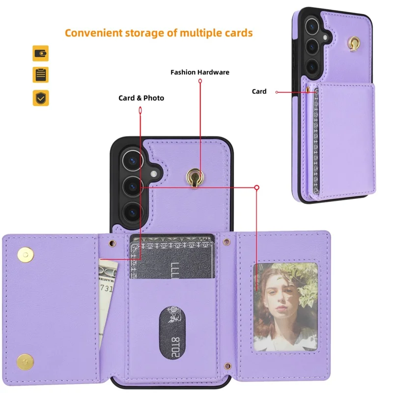 For Samsung Galaxy A15 4G / 5G Case Tri-Fold Card Holder Kickstand TPU+Leather Back Cover with Shoulder Strap - Purple