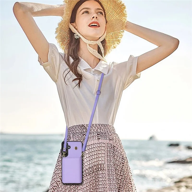 For Samsung Galaxy A15 4G / 5G Case Tri-Fold Card Holder Kickstand TPU+Leather Back Cover with Shoulder Strap - Purple