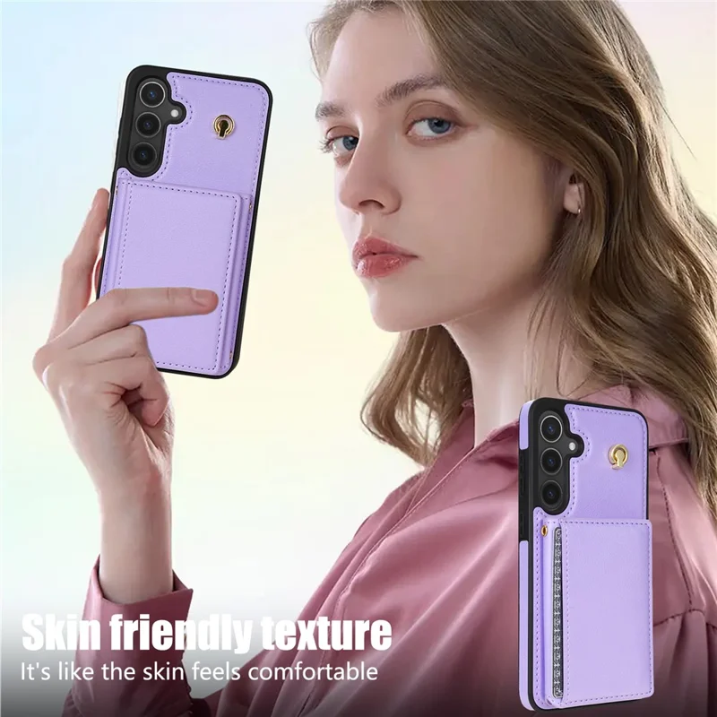 For Samsung Galaxy A15 4G / 5G Case Tri-Fold Card Holder Kickstand TPU+Leather Back Cover with Shoulder Strap - Purple