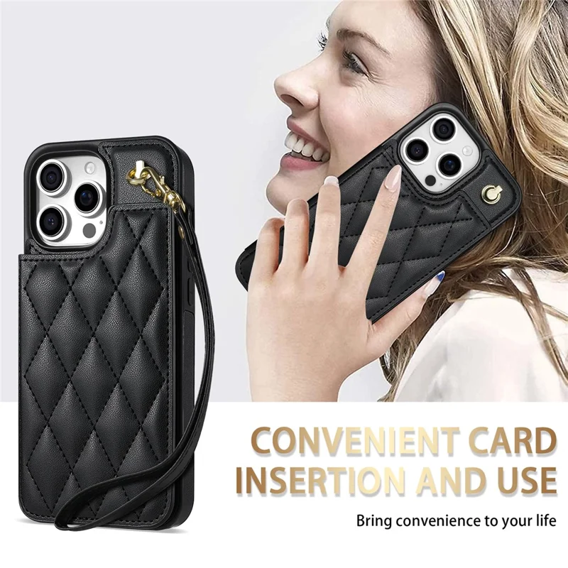Étui pour iPhone 16 Pro avec dragonne, fentes pour cartes, cuir en forme de losange + coque TPU - Noir