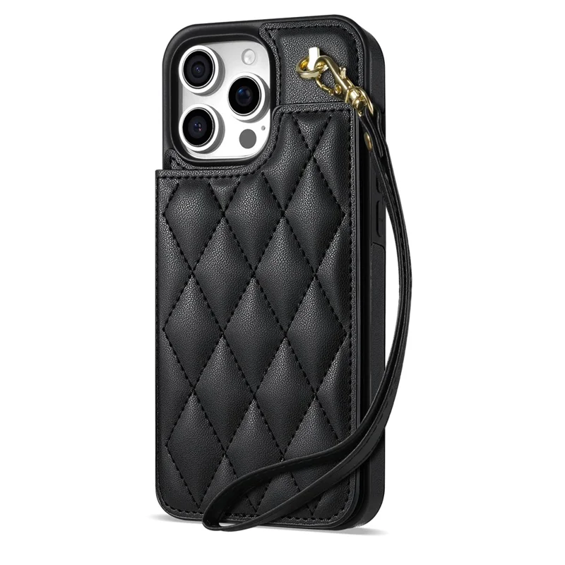 Étui pour iPhone 16 Pro avec dragonne, fentes pour cartes, cuir en forme de losange + coque TPU - Noir