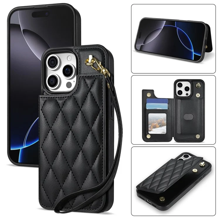 Custodia per iPhone 16 Pro Max con cinturino da polso, slot per schede, pelle a rombi + cover in TPU - Nero
