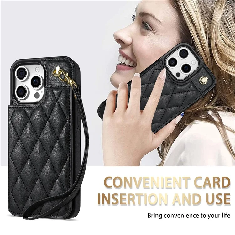 Custodia per iPhone 16 Pro Max con cinturino da polso, slot per schede, pelle a rombi + cover in TPU - Nero