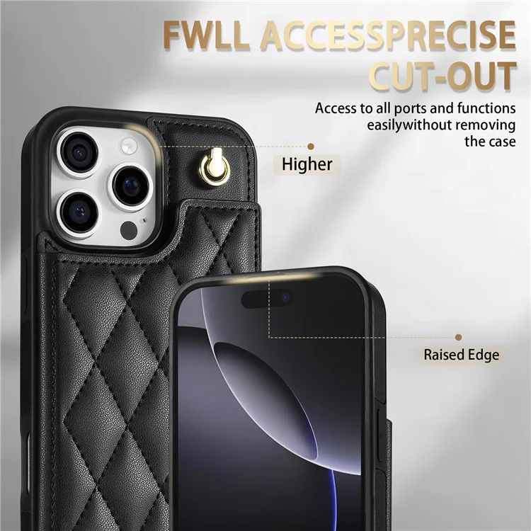 Custodia per iPhone 16 Pro Max con cinturino da polso, slot per schede, pelle a rombi + cover in TPU - Nero