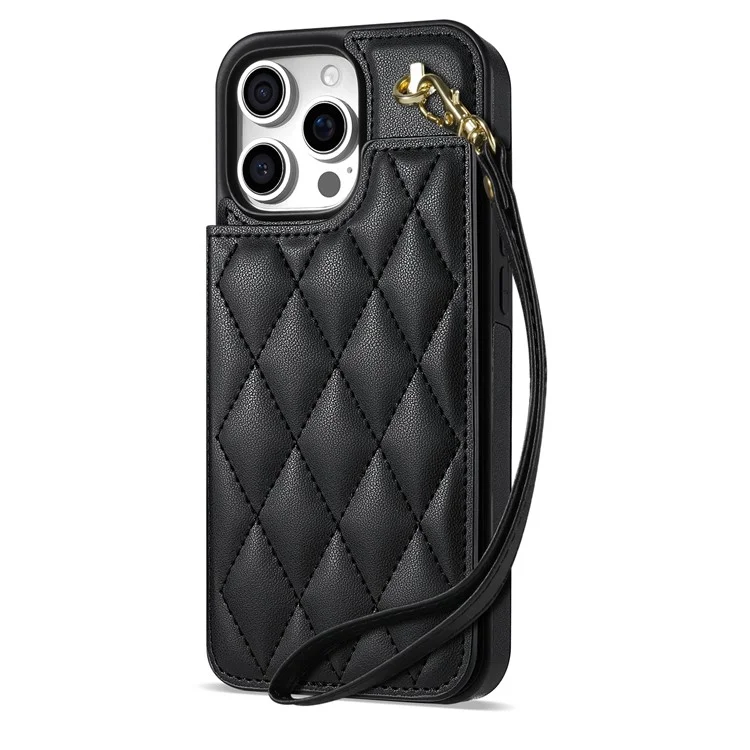 Custodia per iPhone 16 Pro Max con cinturino da polso, slot per schede, pelle a rombi + cover in TPU - Nero