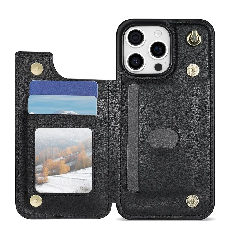 Custodia per iPhone 16 Pro Max con cinturino da polso, slot per schede, pelle a rombi + cover in TPU - Nero