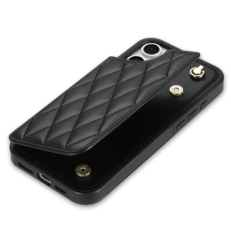 Custodia per iPhone 16 Pro Max con cinturino da polso, slot per schede, pelle a rombi + cover in TPU - Nero