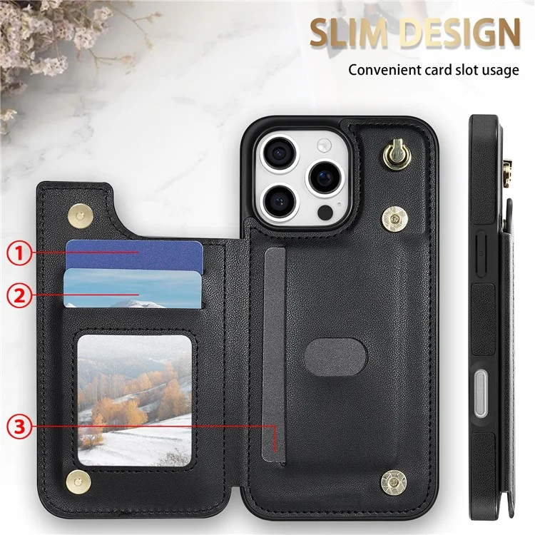 Custodia per iPhone 16 Pro Max con cinturino da polso, slot per schede, pelle a rombi + cover in TPU - Nero