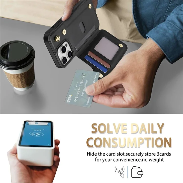 For iPhone 15 Pro Case with Wrist Strap Card Slots Rhombus Leather+TPU Phone Cover - Black
