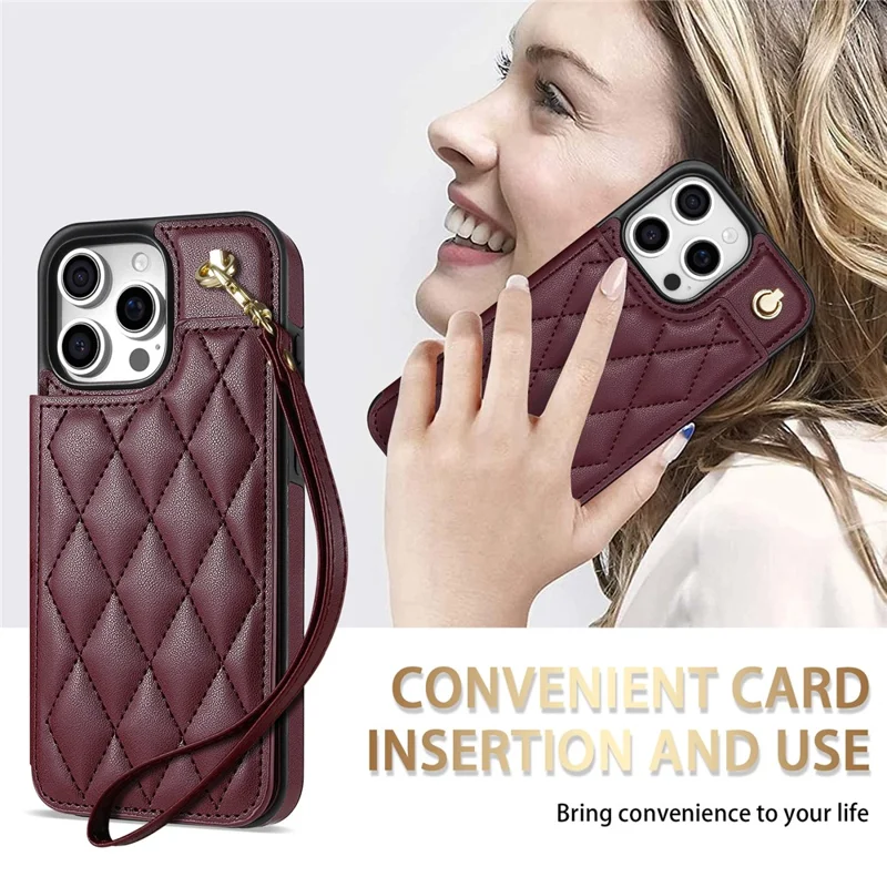 For iPhone 15 Pro Case with Wrist Strap Card Slots Rhombus Leather+TPU Phone Cover - Wine Red