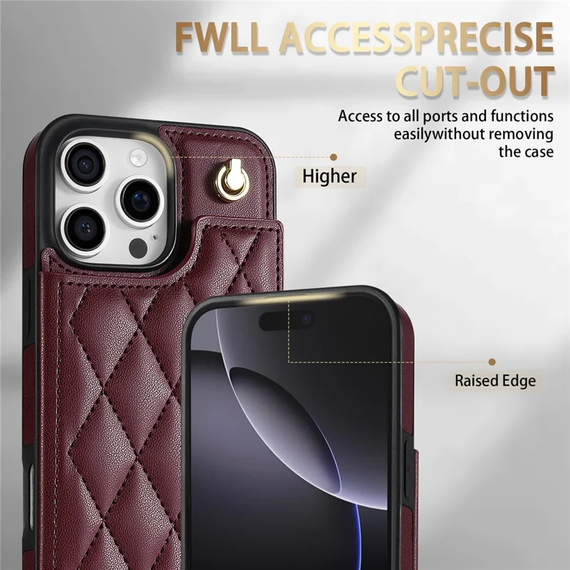For iPhone 15 Pro Case with Wrist Strap Card Slots Rhombus Leather+TPU Phone Cover - Wine Red