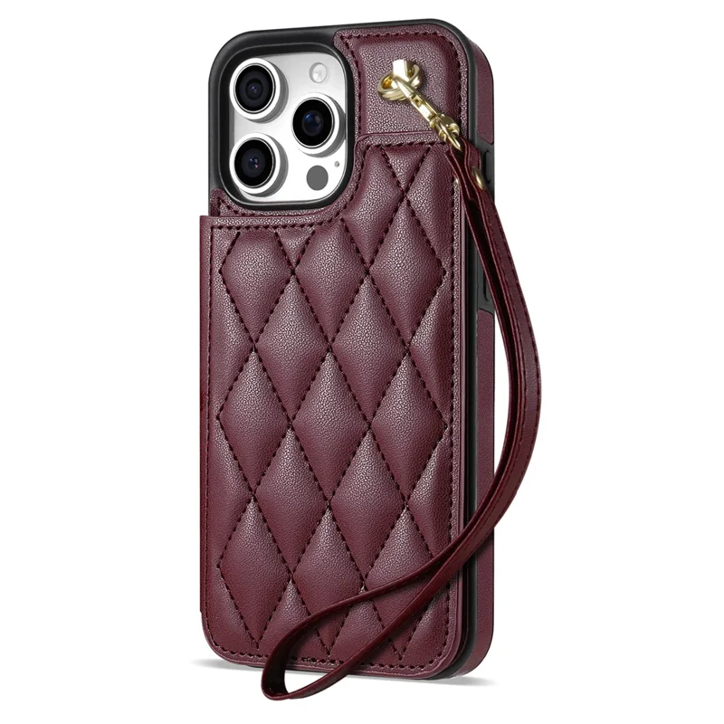 For iPhone 15 Pro Case with Wrist Strap Card Slots Rhombus Leather+TPU Phone Cover - Wine Red
