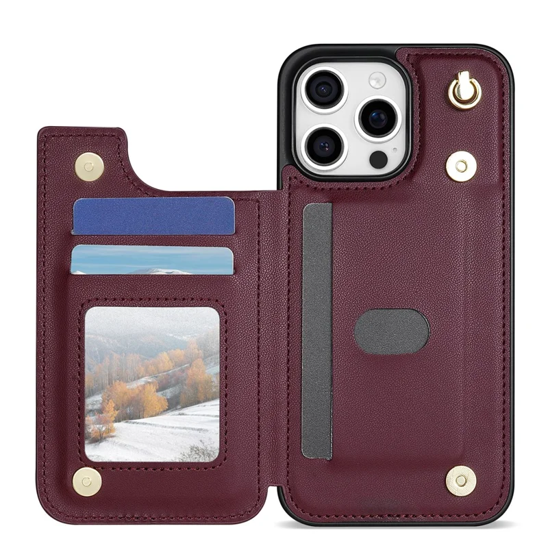 For iPhone 15 Pro Case with Wrist Strap Card Slots Rhombus Leather+TPU Phone Cover - Wine Red