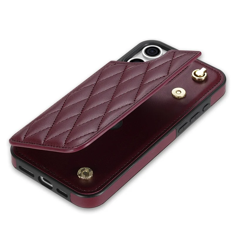 For iPhone 15 Pro Case with Wrist Strap Card Slots Rhombus Leather+TPU Phone Cover - Wine Red
