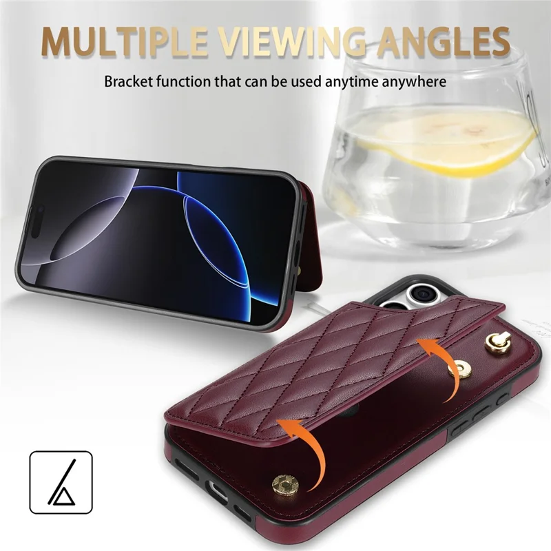 For iPhone 15 Pro Case with Wrist Strap Card Slots Rhombus Leather+TPU Phone Cover - Wine Red