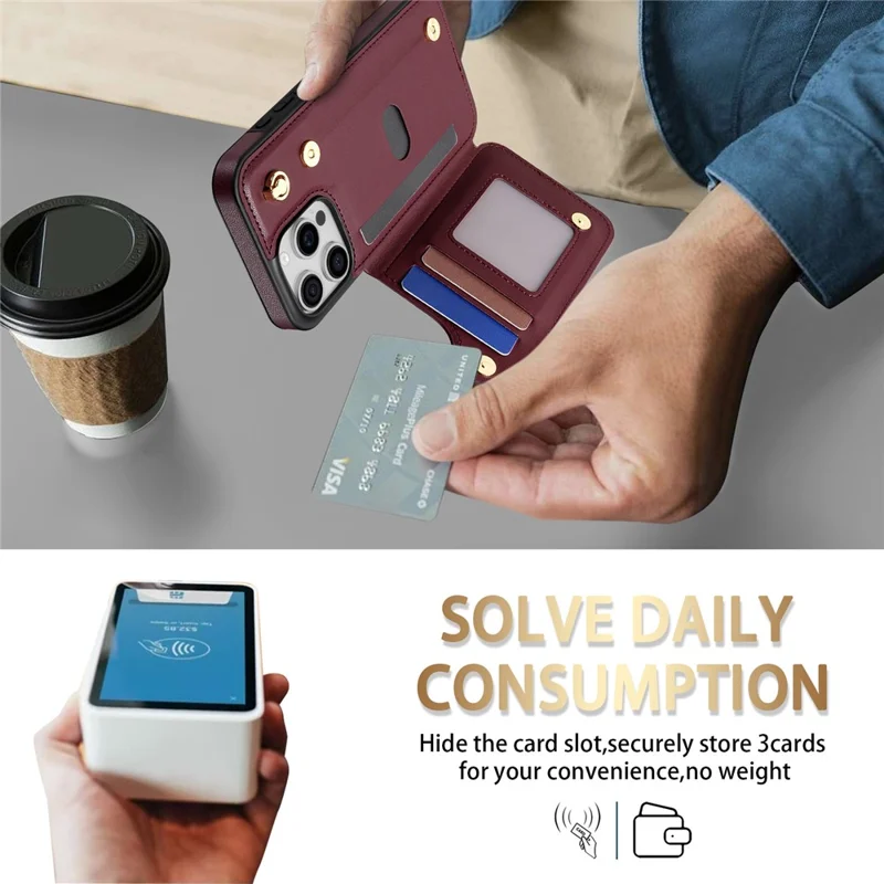 For iPhone 15 Pro Case with Wrist Strap Card Slots Rhombus Leather+TPU Phone Cover - Wine Red