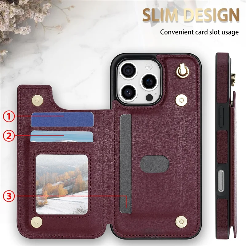 For iPhone 15 Pro Case with Wrist Strap Card Slots Rhombus Leather+TPU Phone Cover - Wine Red