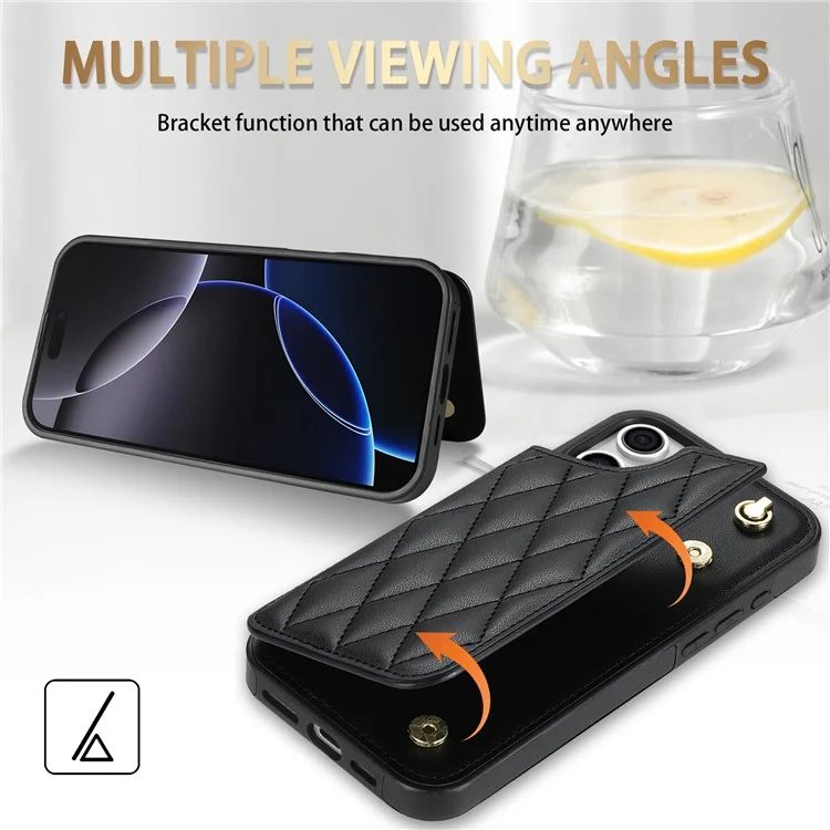 Coque pour iPhone 15 Pro Max avec sangle de poignet, fentes pour cartes, cuir en forme de losange + housse de protection en TPU - Noir