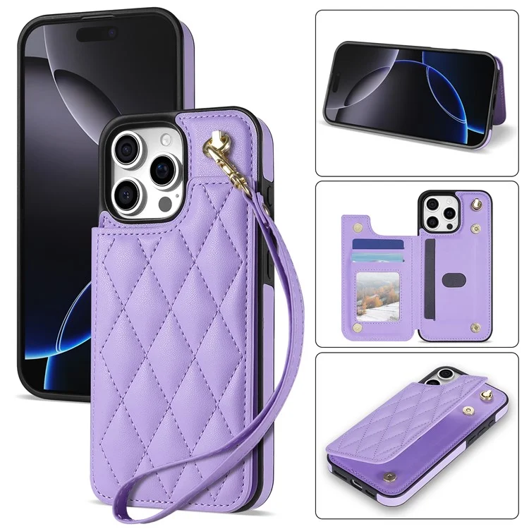 For iPhone 15 Pro Max Case with Wrist Strap Card Slots Rhombus Leather+TPU Phone Cover - Purple